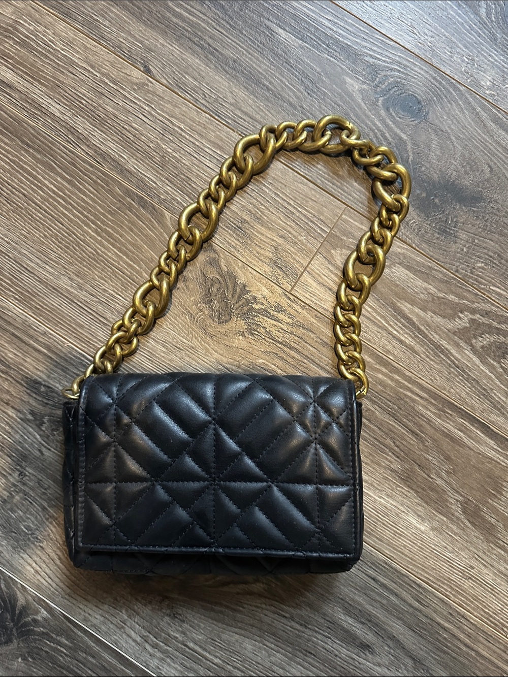 Zara Black Quilted Shoulder Bag with Gold Chain